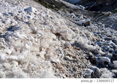 「1月の登別地獄谷」雪と氷点下で凍結した山肌 136600517