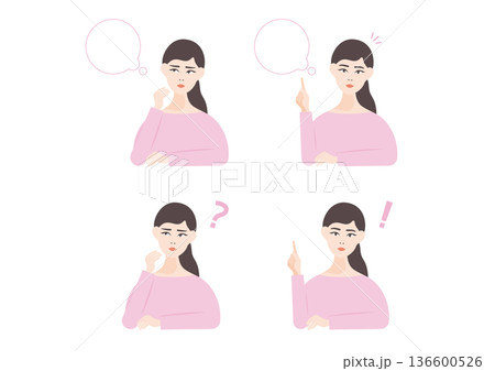 考える女性とひらめく女性のイラスト素材セット 考える女性とひらめく女性のイラスト素材セット 136600526