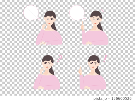 一組關於一位沉思的女性和一位鼓舞人心的女性的插畫。 136600526