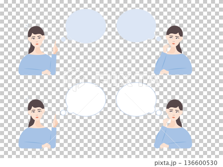 Speech bubble illustration material set of a thinking woman and an inspirational woman Speech bubble illustration material set of a thinking woman and an inspirational woman 136600530