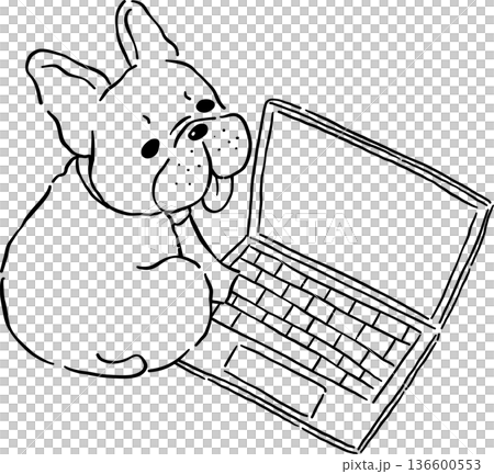Tried french bulldog WFH Outline with laptop hand drawn frenchie derp dog 136600553