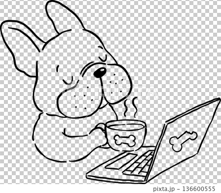 Clam french bulldog WFH Outline enjoying coffee and laptop hand drawn frenchie derp dog 136600555