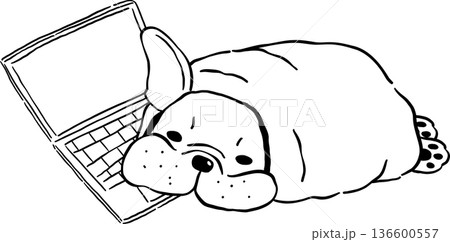 Blanket Burrito french bulldog WFH Outline on laptop hand drawn frenchie derp dog 136600557
