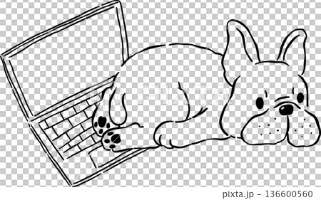 Sploot french bulldog WFH Outline on laptop...のイラスト素材 [136600560] - PIXTA