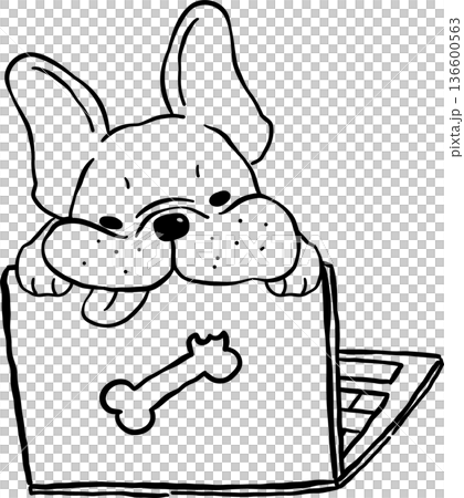 Sleepy french bulldog WFH Tongue Out Outline on laptop hand drawn frenchie derp dog Sleepy french bulldog WFH Tongue Out Outline on laptop hand drawn frenchie derp dog 136600563
