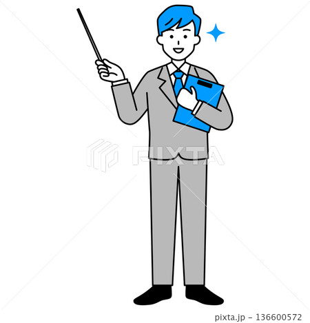 指示棒で説明するスーツの男性(全身) 指示棒で説明するスーツの男性(全身) 136600572