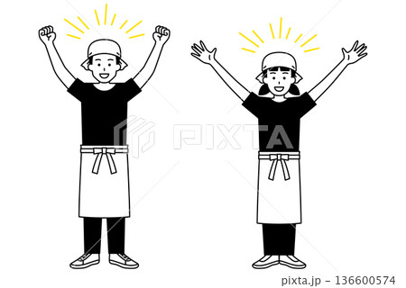 バンザイで喜ぶ居酒屋の男女の店員（全身） 136600574