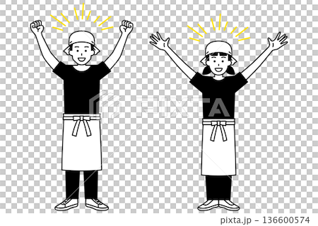 Male and female izakaya waiters celebrating with a cheer (full body) 136600574