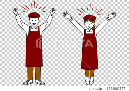 咖啡館男女員工齊聲歡呼（全身照） 136600575