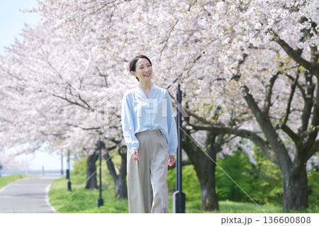 満開の桜と遊歩道を歩く女性 満開の桜と遊歩道を歩く女性 136600808