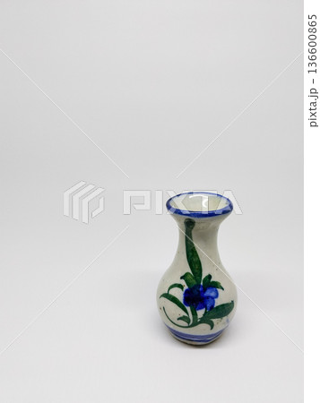 small antique ceramic flower vase with hand painted details in blue and green small antique ceramic flower vase with hand painted details in blue and green 136600865