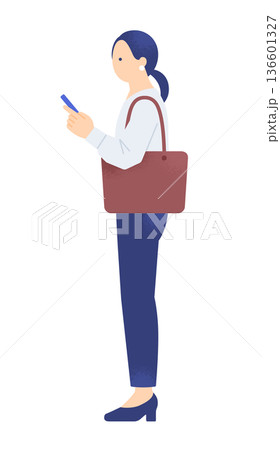 立ち止まってスマホを見るビジネスパーソン。地図アプリで目的地を確認する女性のイラスト素材。 立ち止まってスマホを見るビジネスパーソン。地図アプリで目的地を確認する女性のイラスト素材。 136601327