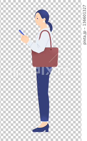 立ち止まってスマホを見るビジネスパーソン。地図アプリで目的地を確認する女性のイラスト素材。 立ち止まってスマホを見るビジネスパーソン。地図アプリで目的地を確認する女性のイラスト素材。 136601327