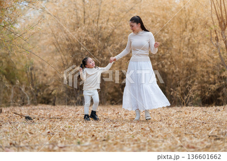 mother and child girl walking through a dry bamboo forest mother and child girl walking through a dry bamboo forest 136601662