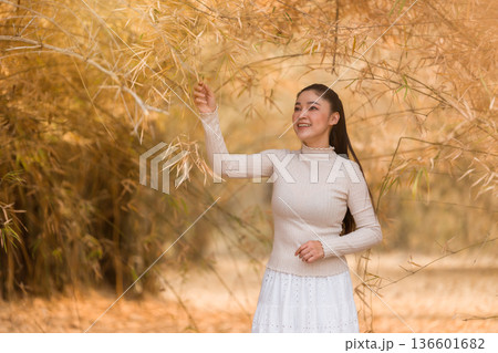 Beautiful woman posing among dry bamboo branches forest in nature. Beautiful woman posing among dry bamboo branches forest in nature. 136601682