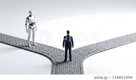 分かれ道でAIとの共生を選択するビジネスマンの決断 136601994