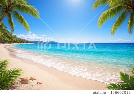 真夏の青空とエメラルドグリーンの海 136602013