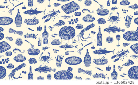 Mediterranean Food Seamless Pattern Italian Spanish Cuisine Hand Drawn Coastal Cooking Background 136602429