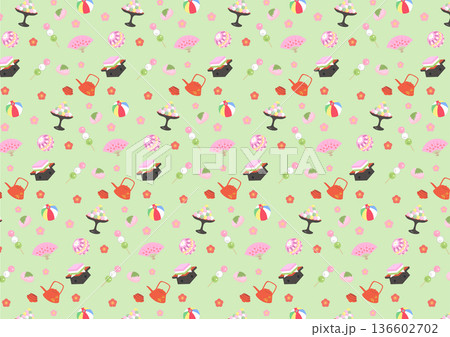 ひな祭り素材のシームレスパターン素材（緑） 136602702