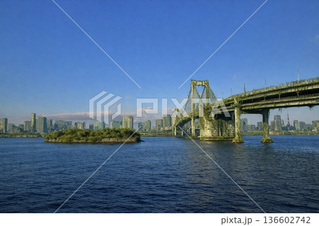 人類滅亡後、22世紀の未来写真　東京　お台場のレインボーブリッジ（現在の写真をもとにAIで加工） 136602742