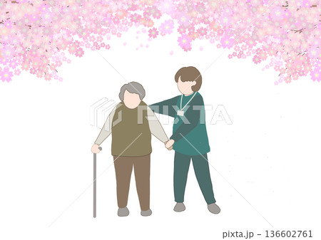 桜の木の下で介護士が杖をついた老人を介助しながら歩くカラーイラスト 136602761