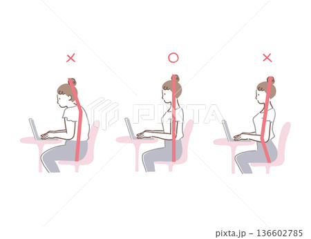 パソコンを操作する猫背と反り腰と正しい姿勢の女性の比較イラストセット パソコンを操作する猫背と反り腰と正しい姿勢の女性の比較イラストセット 136602785