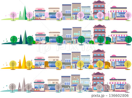 四季の街並みのバナーセット：春・夏・秋・冬の建物と街路樹のイラスト 136602806