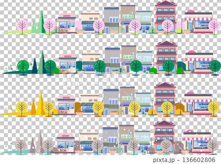 四季城市景觀橫幅套裝：包含春、夏、秋、冬四個季節的建築和街道樹木插圖 136602806