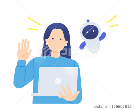 手を振るオフィスカジュアルの女性とAI。AIと働くビジネスパーソンのベクターイラスト素材。 手を振るオフィスカジュアルの女性とAI。AIと働くビジネスパーソンのベクターイラスト素材。 136602816