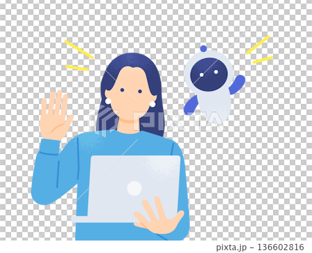 手を振るオフィスカジュアルの女性とAI。AIと働くビジネスパーソンのベクターイラスト素材。 手を振るオフィスカジュアルの女性とAI。AIと働くビジネスパーソンのベクターイラスト素材。 136602816