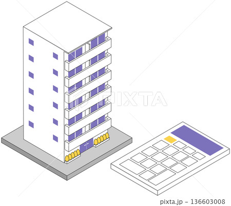 マンションの購入資金計画と不動産査定のイメージ 電卓と集合住宅のアイソメトリック マンションの購入資金計画と不動産査定のイメージ 電卓と集合住宅のアイソメトリック 136603008