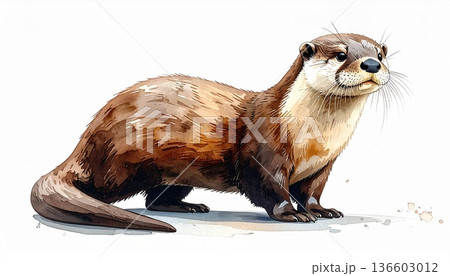 水辺のアイドル、カワウソのリアルな水彩画アート。毛並みの質感と愛らしい表情が特徴の動物イラスト 136603012