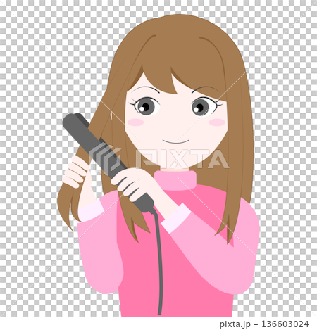 Illustration of a woman styling her hair with a hair iron 136603024