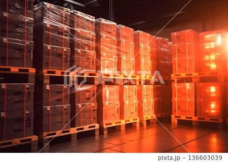 Package Boxes Wrapped Plastic Stacked on Pallets in Storage Warehouse. Supply Chain. Storehouse Distribution. Cargo Shipping Supplies Warehouse Logistics, neural network generated image 136603039
