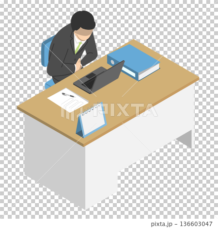 Isometric office worker male suffering from stomach pain while doing desk work 136603047