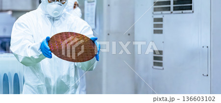 半導体工場でシリコンウエハーを検査する防塵服を着た男性作業員 136603102