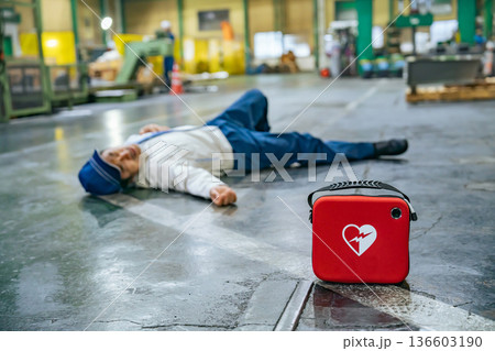 工場で倒れた作業員とAED 136603190