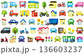水彩風 家と車とバイクと木と花のかわいいアイコンセット 正面 乗り物と住宅イラスト素材 136603237
