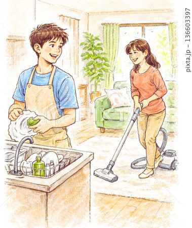 夫婦で協力して家事をする風景 136603397
