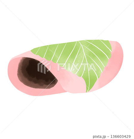 水彩風　関東風の桜餅　春の和菓子イラスト素材 136603429