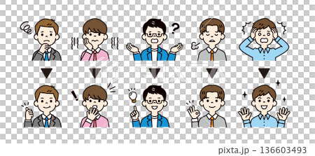 A simple expression and pose icon illustration material set of a young businessman who is in trouble and has a problem solved 136603493