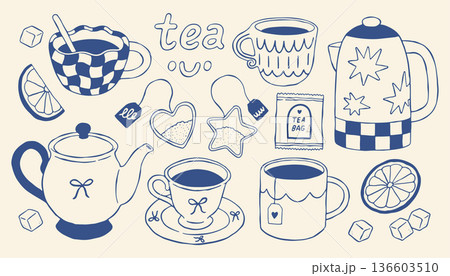 Hand drawn tea vector illustration set with teapots, cups, kettle, tea bags, lemon and sugar. Cozy minimal line art style, mediterranean blue perfect for branding, packaging, menus, posters and decor Hand drawn tea vector illustration set with teapots, cups, kettle, tea bags, lemon and sugar. Cozy minimal line art style, mediterranean blue perfect for branding, packaging, menus, posters and decor 136603510
