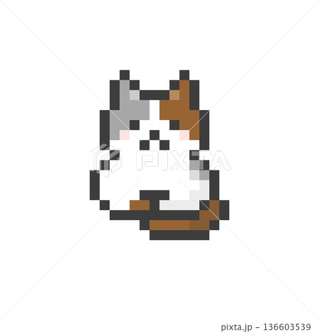 ドット絵のこうばこ座りをする三毛猫 136603539