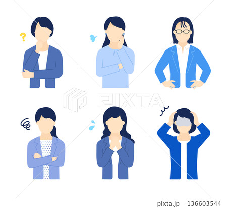 不安・困り顔の女性ビジネスパーソンのイラスト素材セット 136603544