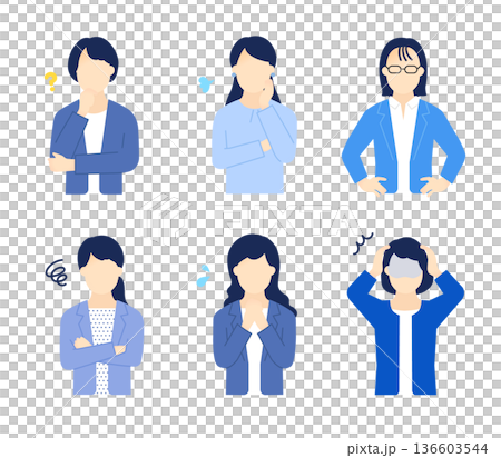 不安・困り顔の女性ビジネスパーソンのイラスト素材セット 136603544