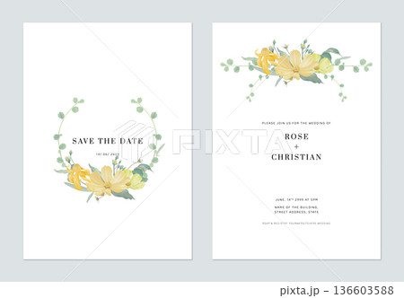 Floral wedding invitation card template design, various yellow flowers and leaves bouquet on white Floral wedding invitation card template design, various yellow flowers and leaves bouquet on white 136603588