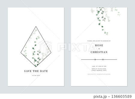 Minimalist foliage wedding invitation card template design, green Siamese rough bush leaves on white 136603589