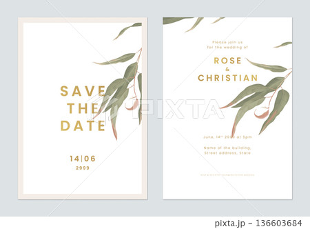 Minimalist foliage wedding invitation card template design, green eucalyptus leaves on white 136603684