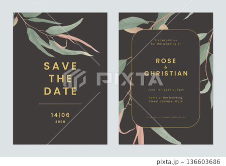 Foliage wedding invitation card template design, green eucalyptus leaves on dark grey 136603686