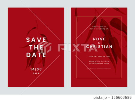 Minimalist foliage wedding invitation card template design, black eucalyptus leaves on red 136603689